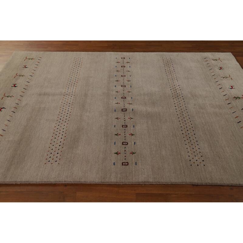 Tribal Gabbeh Area Rug Hand-Knotted Beige Oriental Wool Carpet - 5'7" x 7'10"