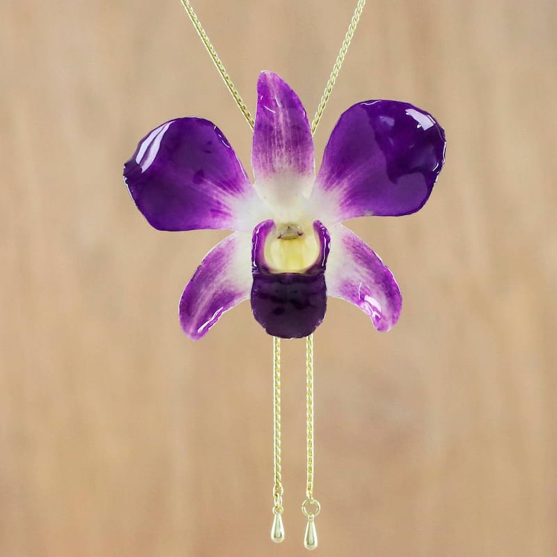 NOVICA Orchid Majesty, Gold accent natural orchid pendant necklace