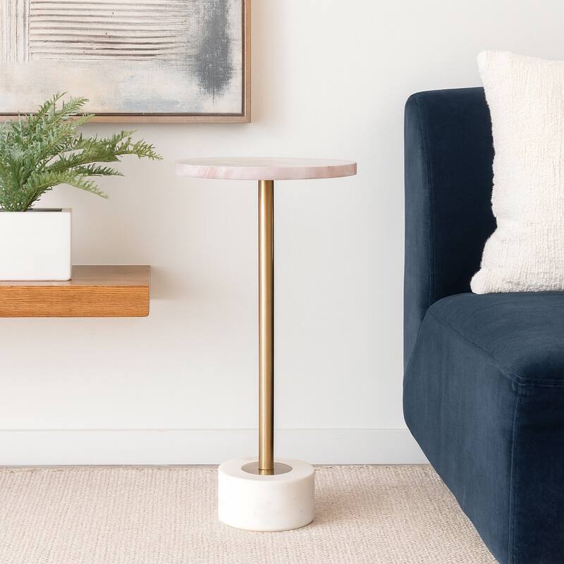 Marble Metal Side Table Modern Slim Base Narrow Round Top Home Decor - 24.0"