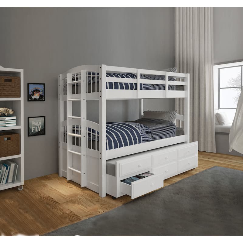 Twin over Twin Wood Bunk Bed with Trundle and 3 Storage Drawers