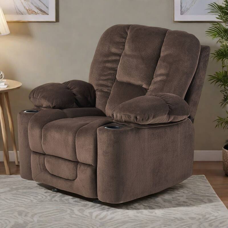 Fabric Manual Recliner Chair with Dual Cup Holders and Generous Padded Cushions - Chocolate