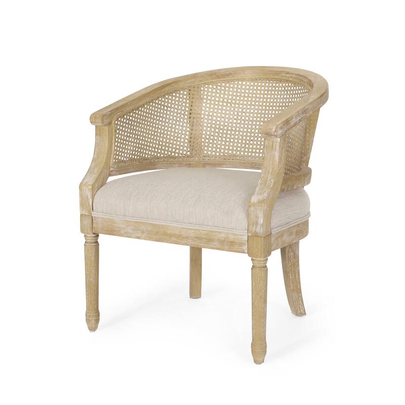 Roomfitters Natural Rattan Barrel Accent Chair, Cane Woven Backrest with Upholstered Seat
