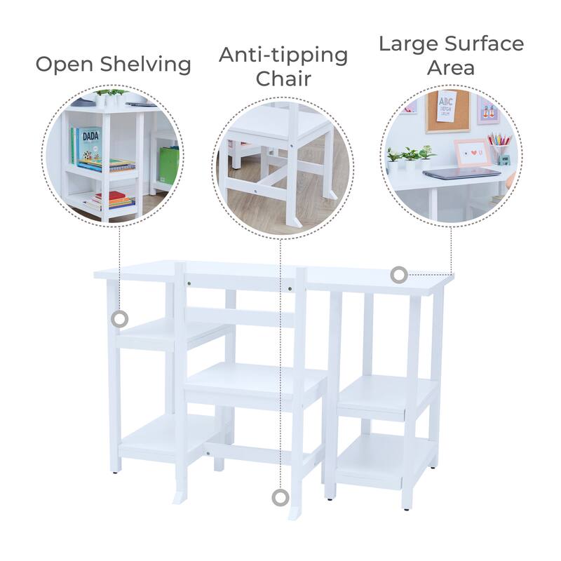 Fantasy Fields - Kids Wooden Desk & Chairs Set - White - 40"W x 17.5"L x 25.5"H - 40"W x 17.5"L x 25.5"H - White