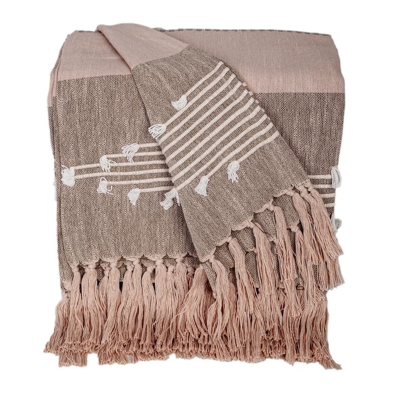 HomeRoots 50" X 60" Brown and Tan Woven Cotton Striped Throw Blanket with Fringe and Embroidery