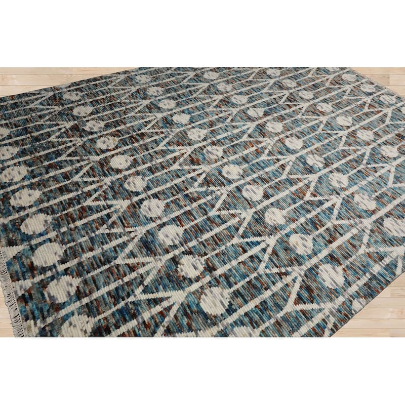 Hand Knotted Ivory, Turquoise Oushak Wool Art Deco Oriental Area Rug - 7' 11'' x 10' 3''