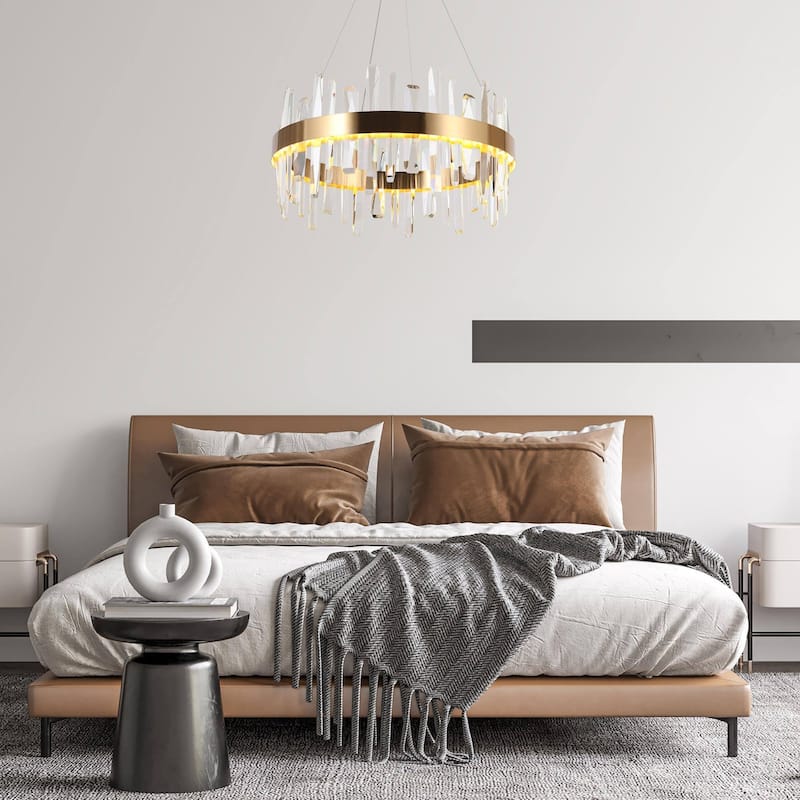 Modern 1-Light LED Crystal Chandelier Gold Drum Lighting for Living Room - D23.6" x H12"