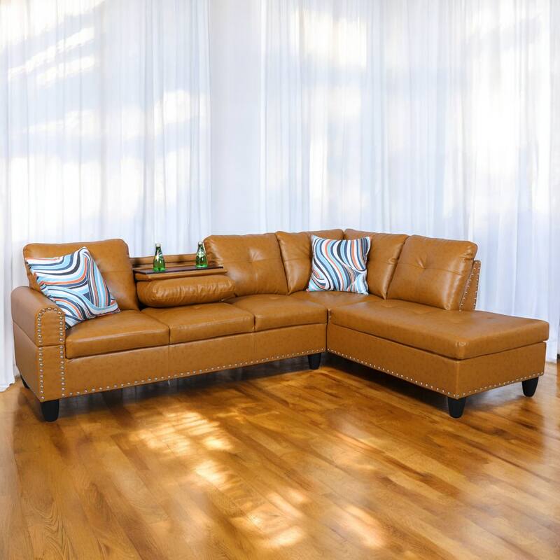 KISRAIS 97.5" Wide 2-Piece Vegan Leather Sectional Sofa Set for Small Space - Ginger - Right Facing