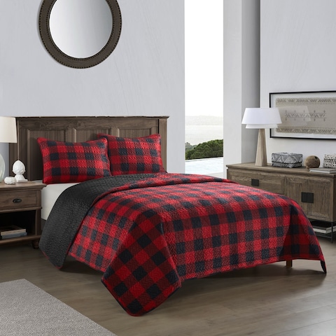 Dearfoams Red and Black Buffalo Check Micromink 3 Piece Quilt Set