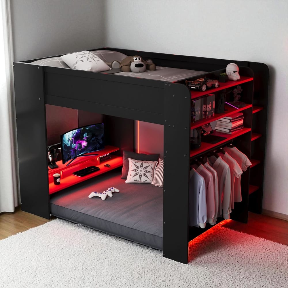 Full Size Wooden Bunk Bed with Adjustable Desk, Wardrobe Storage, USB & RGB Gaming Lights