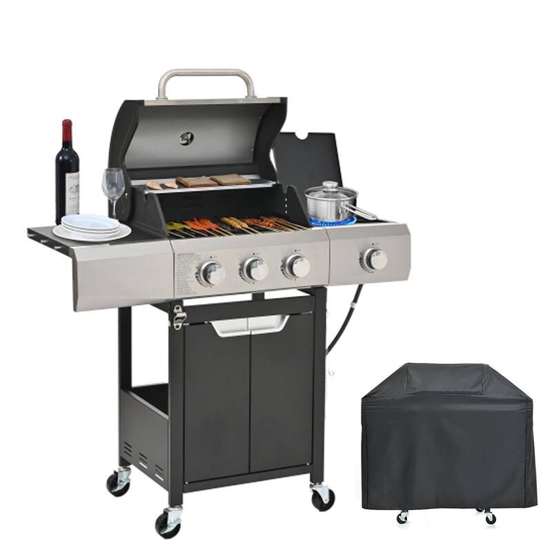 3-Burner Stainless Steel Propane Grill – Side Burner, Rain Cover, 40.5K BTU for Backyard/Camping/Outdoor – Black/Silver - Propane Gas
