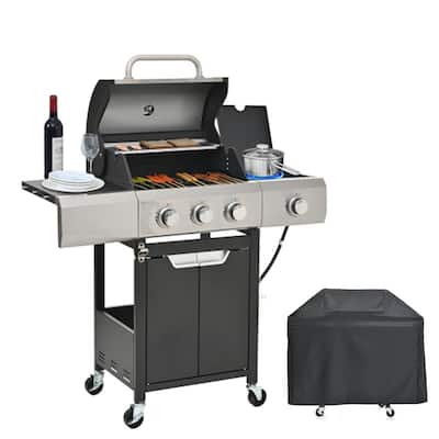 3-Burner Stainless Steel Propane Grill – Side Burner, Rain Cover, 40.5K BTU for Backyard/Camping/Outdoor – Black/Silver