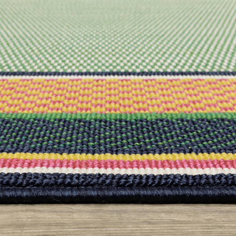 Harlowe Preppy Stripe Border Green/ Navy Area Rug