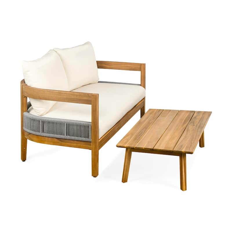 Roomfitters Porto Outdoor Acacia Wood Loveseat with Coffee Table, Patio Balcony Seating Set