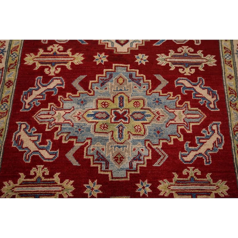 Traditional Red Kazak Area Rug Hand-Knotted Geometric Wool Carpet - 3'11" x 5'9"