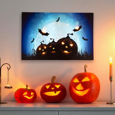 LED Lighted Jack-O-Lanterns Bats Halloween Canvas Wall Art 23.5 x 15.5