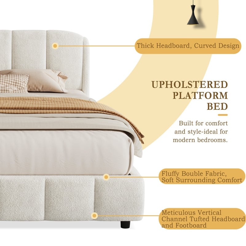 Queen Size Boucle Fabric Upholstered Platform Bed with Curve-Shaped Headboard