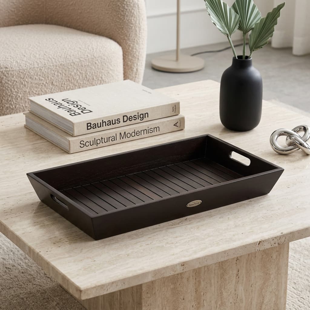 HomeRoots 26" Black Solid Wood Handmade Serving Tray With Handles - 26.00 in. x 3.25 in. x 14.25 in.