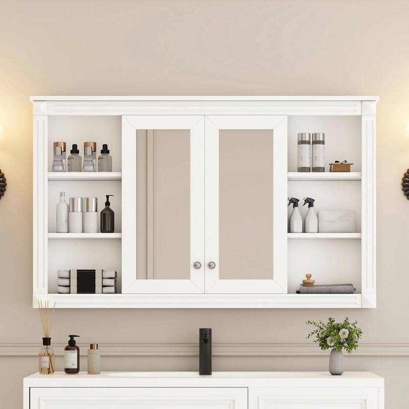 47-Inch Bathroom Mirror Cabinet with Storage, Adjustable Shelf, Open Shelves - White