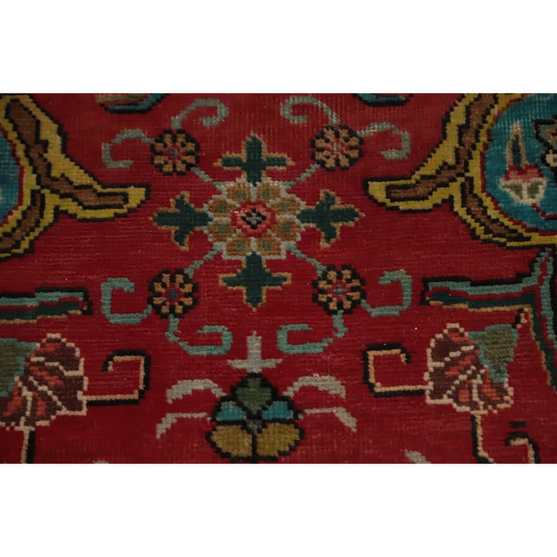 Hand Knotted Oriental 100% Wool Carpet Traditional Floral Red Tabriz Runner Rug - 13' 4'' X 2' 10''
