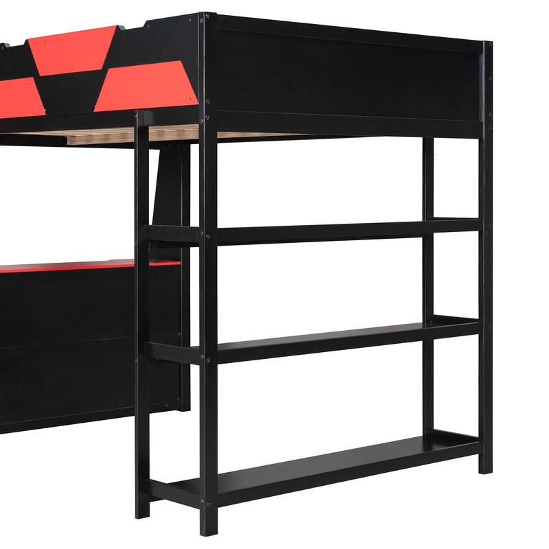 Full Size Gaming Loft Bed Station with Desk, Storage Shelves & RGB LED Lights