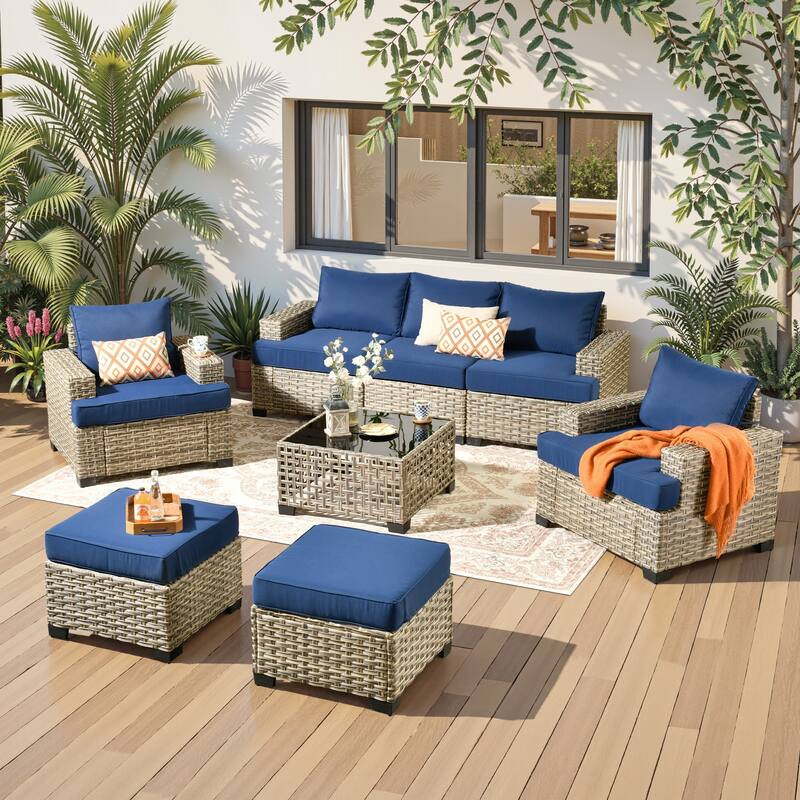 HOOOWOOO 8-piece Outdoor Wicker Patio Furniture Set with Coffee Table - Navy Blue