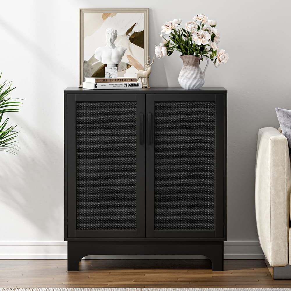 Anmytek Modern 2-Door Black Buffets Sideboards Rattan Multipurpose Home Storage Cabinet with Adjustable Shelf