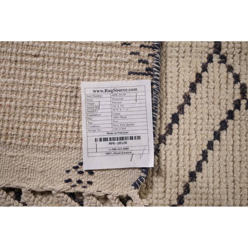 Trellis Geometric Ivory Moroccan Area Rug Handmade Wool Carpet - 7'11"x 10'9"