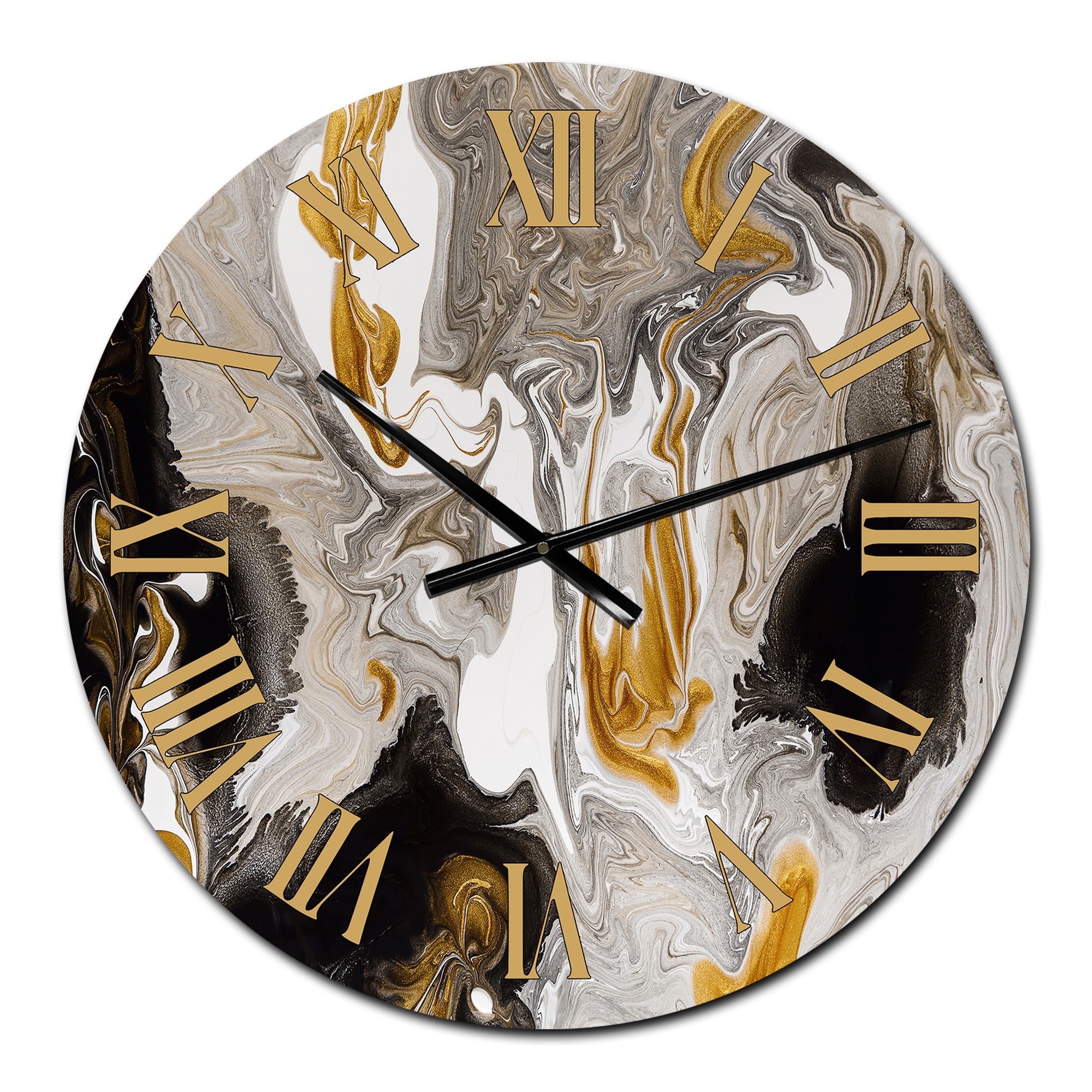 Designart 'Gold And Black Marble Waves I' Modern wall clock