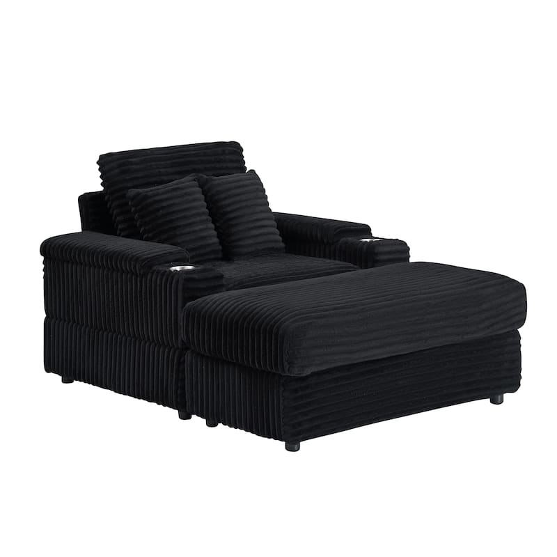 Black Corduroy Single Sofa with Pillows and Ottoman