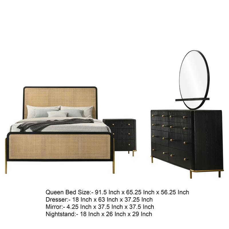 Fij 4pc Queen Bedroom Set w Round Mirror, Natural Brown Rattan, Black