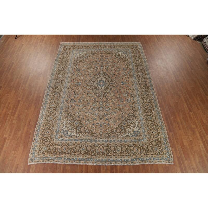 Traditional Mashad Vintage Persian Rug Handmade Orange Wool Carpet - 9'4" x 13'3"