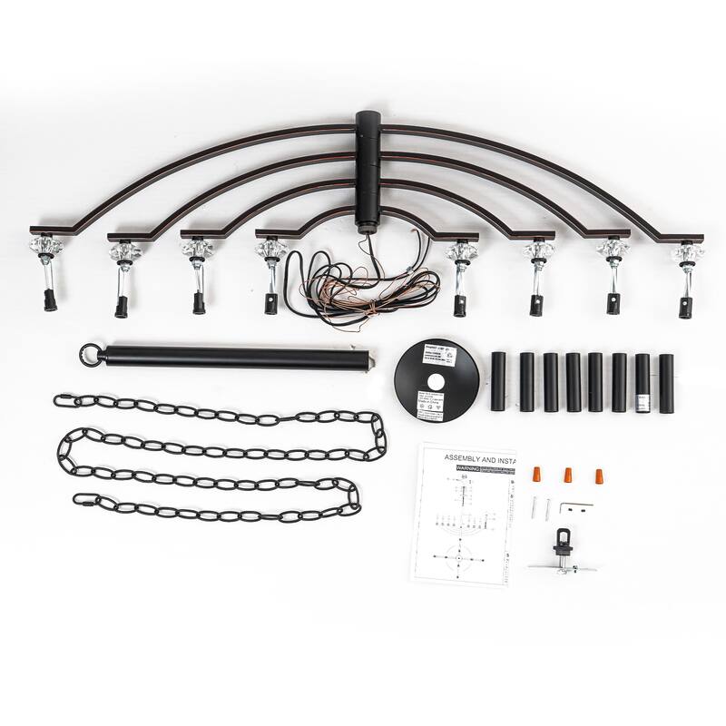 8-Light Industrial Black Chandelier Crystal Accents Adjustable Arms - Dia.40.94-in