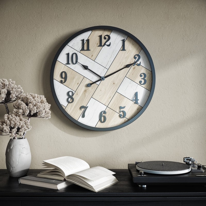 Caldria Round Wood Modern Farmhouse Style Wall Clock - 24"H x 24"W x 1.5"D