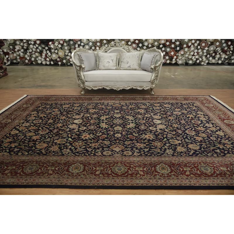 Hand Knotted Oriental 100% Wool Carpet Traditional All-Over Navy Blue & Blues Tabriz Area Rug - 14' 1'' X 9' 9''