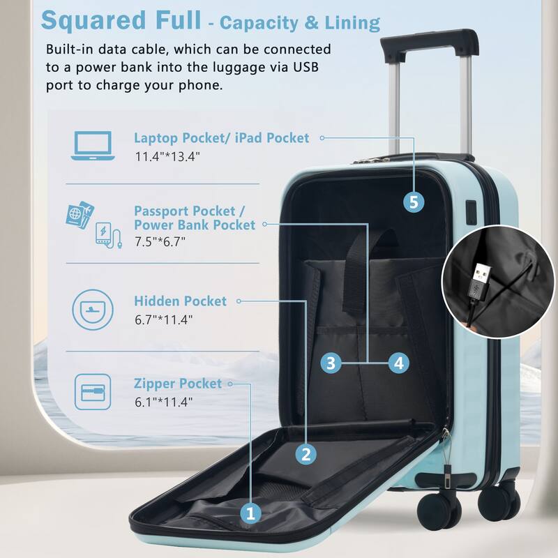 3-Piece Modern Front-Opening Luggage Expandable Luggage with USB Port and TSA Lock, for Boarding Travel, Light Blue