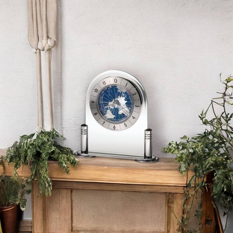 Howard Miller Discoverer Modern Mantel Clock with Revolving World Map - Silver