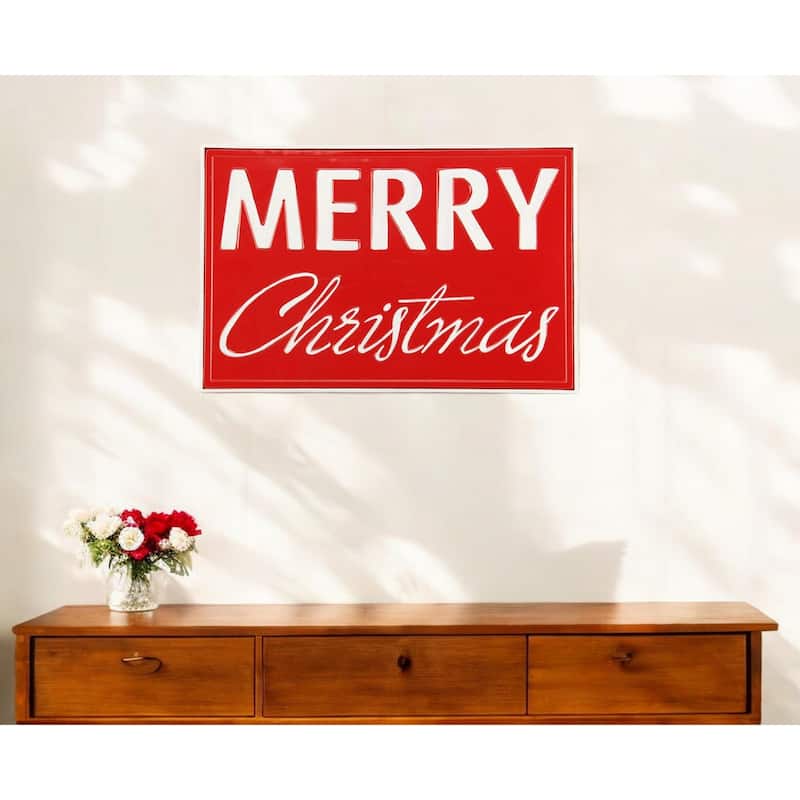 HomeRoots 12" X 19" Red and White Handcrafted Merry Christmas Metal Wall Decor - White/Red - 18.5 in. x 12.25 in.  x 0.75 in.