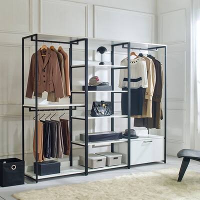 Garment Rack White Freestanding Walk in Wood Closet System with Metal Frame, 1-Drawer 5 Compartments, Bedroom Clothing Armoires