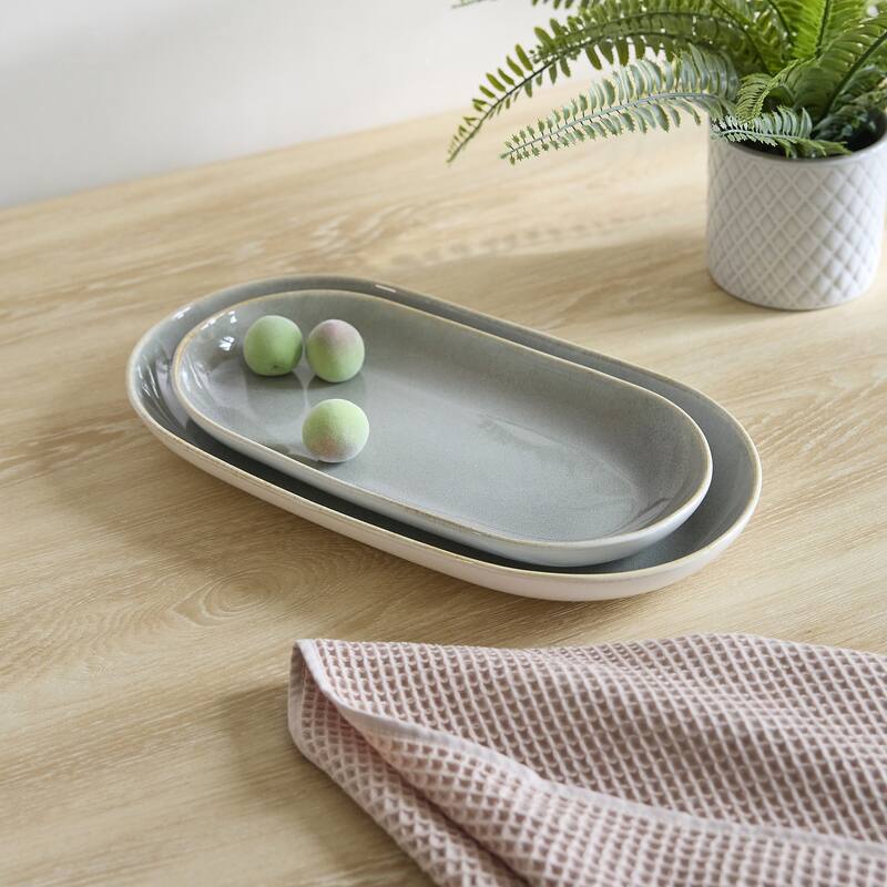 Sango Resona Blue/Black Large Ceramic Serving Platters Set of 2, 14/12 Inch