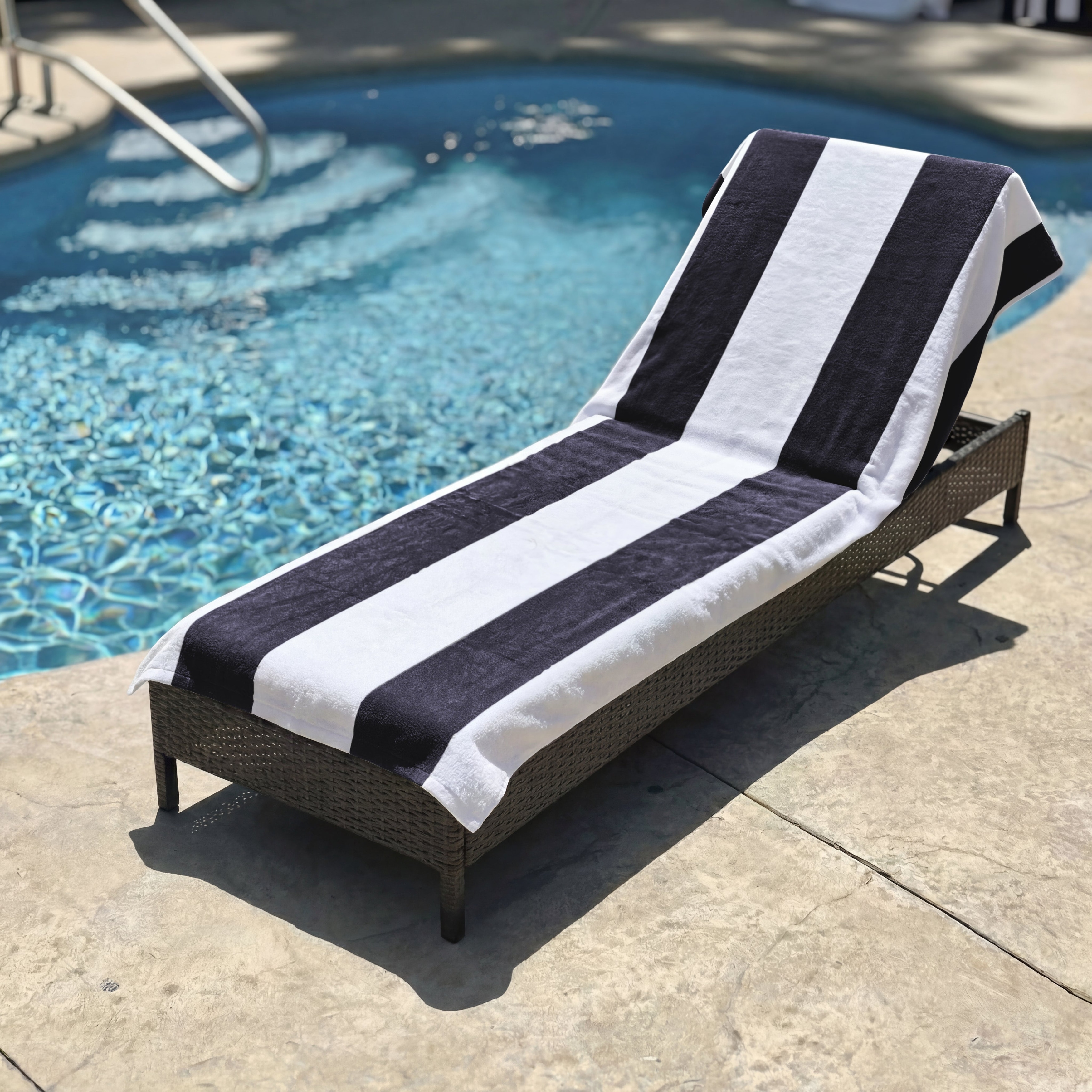 100% Cotton Cabana‑Stripe Lounge Chair Cover Terry Towel with Fitted Pocket & Back Flap