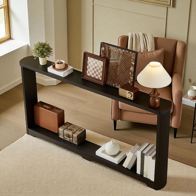 70.1" Modern Corrugated Console Table with Storage Shelf, Narrow Entryway Sofa Table for Hallway or Foyer - Black
