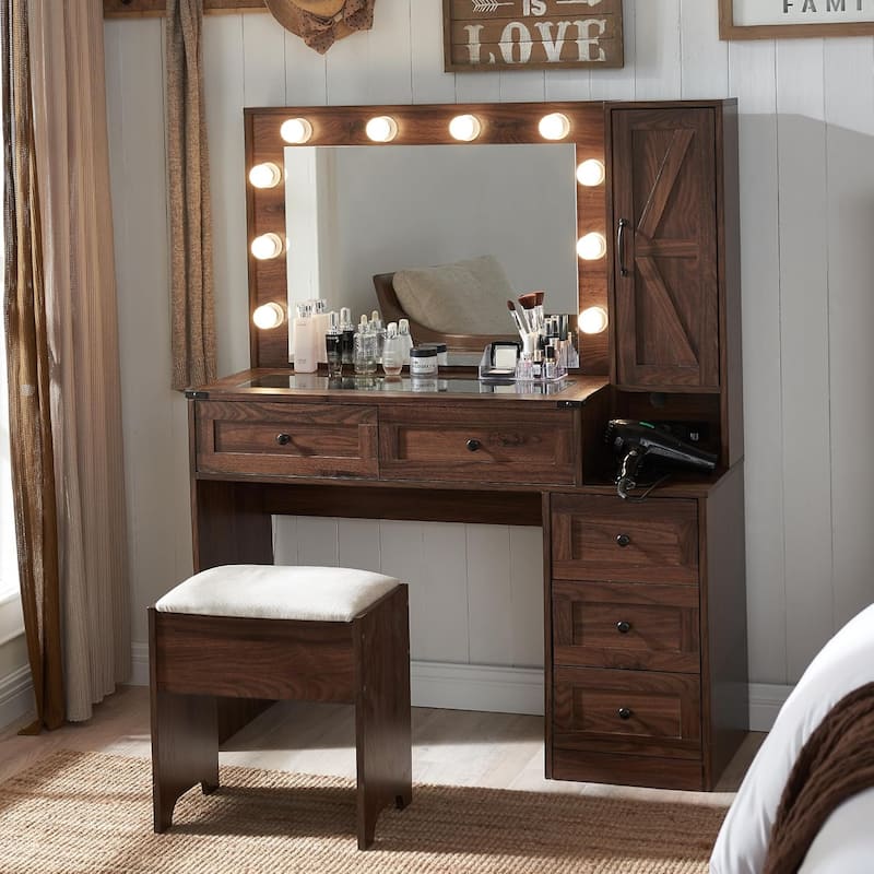 Farmhouse Vanity Makeup Desk with Charging Station, Makeup Table Set - Brown