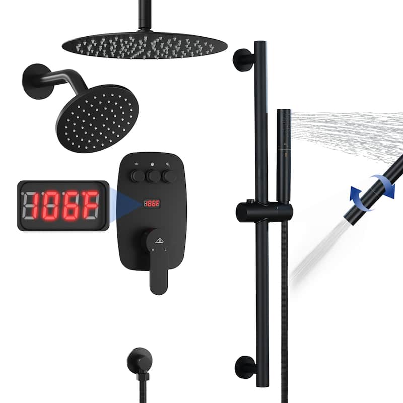 3-Spray Patterns 1.8 GPM 12 in. and 6 in. Dual Shower Head and Handheld Shower Head with Digital Display and Pressure-Balanced - Matte Black