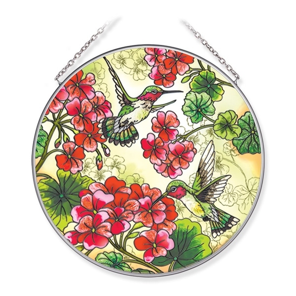 Red and Green Geraniums with Hummingbirds Round Glass Wall Art Decor 6.75" - N/A