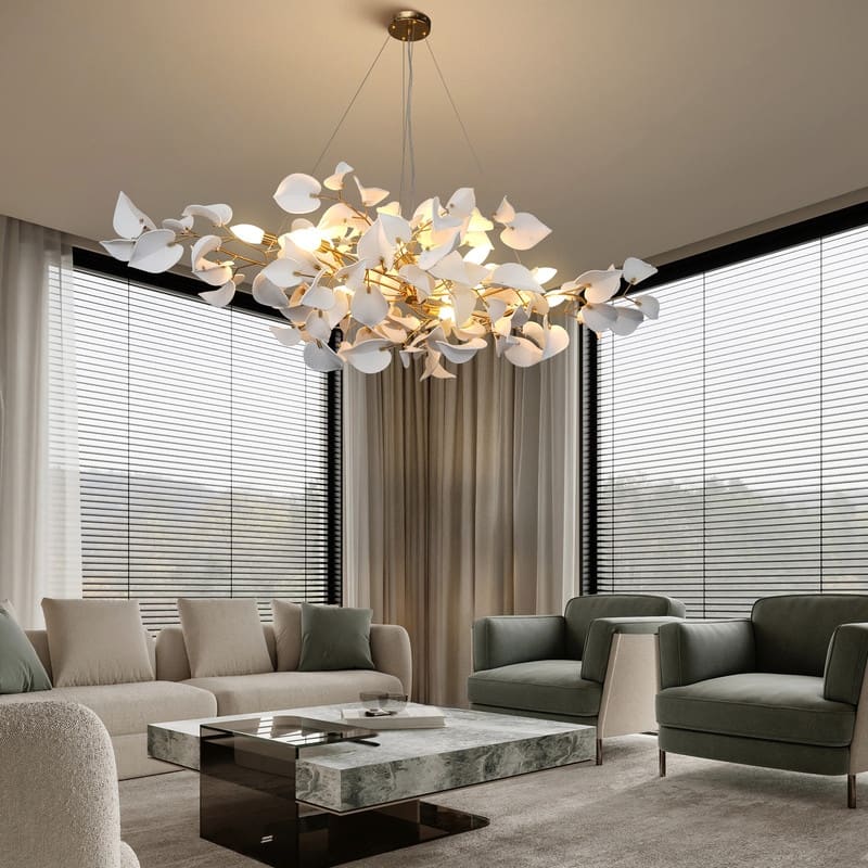 KAYLA 31.5" 6-Light Luxury Gold Round Chandelier, Modern Ceramic Leaf Branch