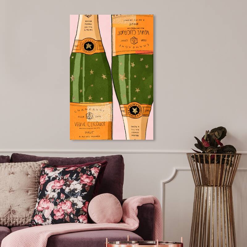 Wynwood Studio 'Shiny Champagne' Drinks and Spirits Wall Art Canvas Print Champagne - Green, Orange - 20 x 30