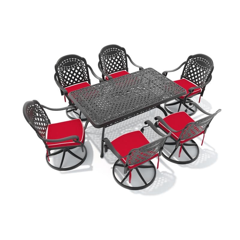 7-Piece Aluminum Rectangular Outdoor Patio Dining Set, 6 Cushioned Swivel Chairs, Table, All-Weather Frames