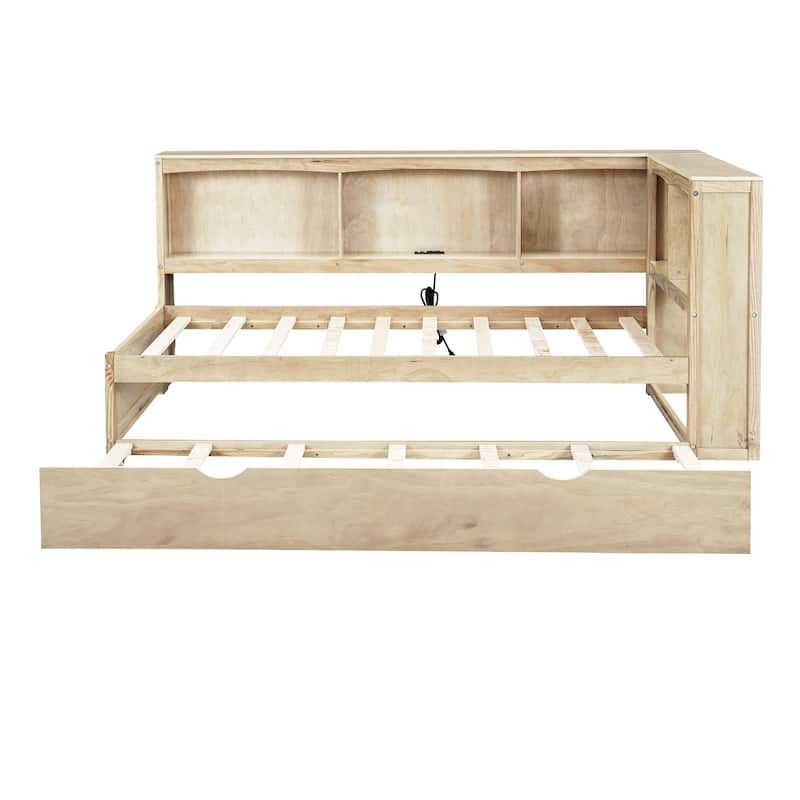 Twin Size Daybed with Trundle, Storage Cabinets and USB Ports, Wood Bed Frame with L-Shaped Bookcases for Bedroom