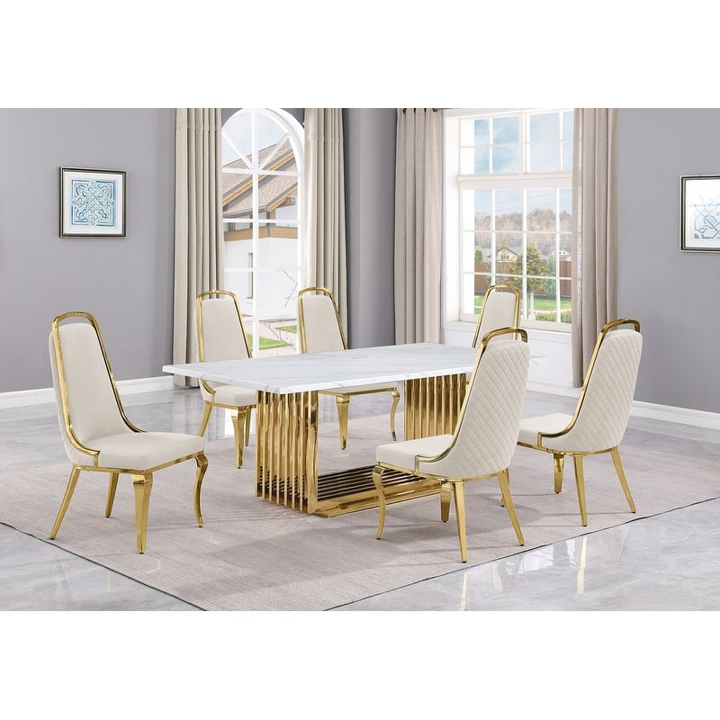 Best Quality Furniture D312/3-SC310-7 Dining Set with 79" White Marble Top - 7-Piece - Cream / Gold