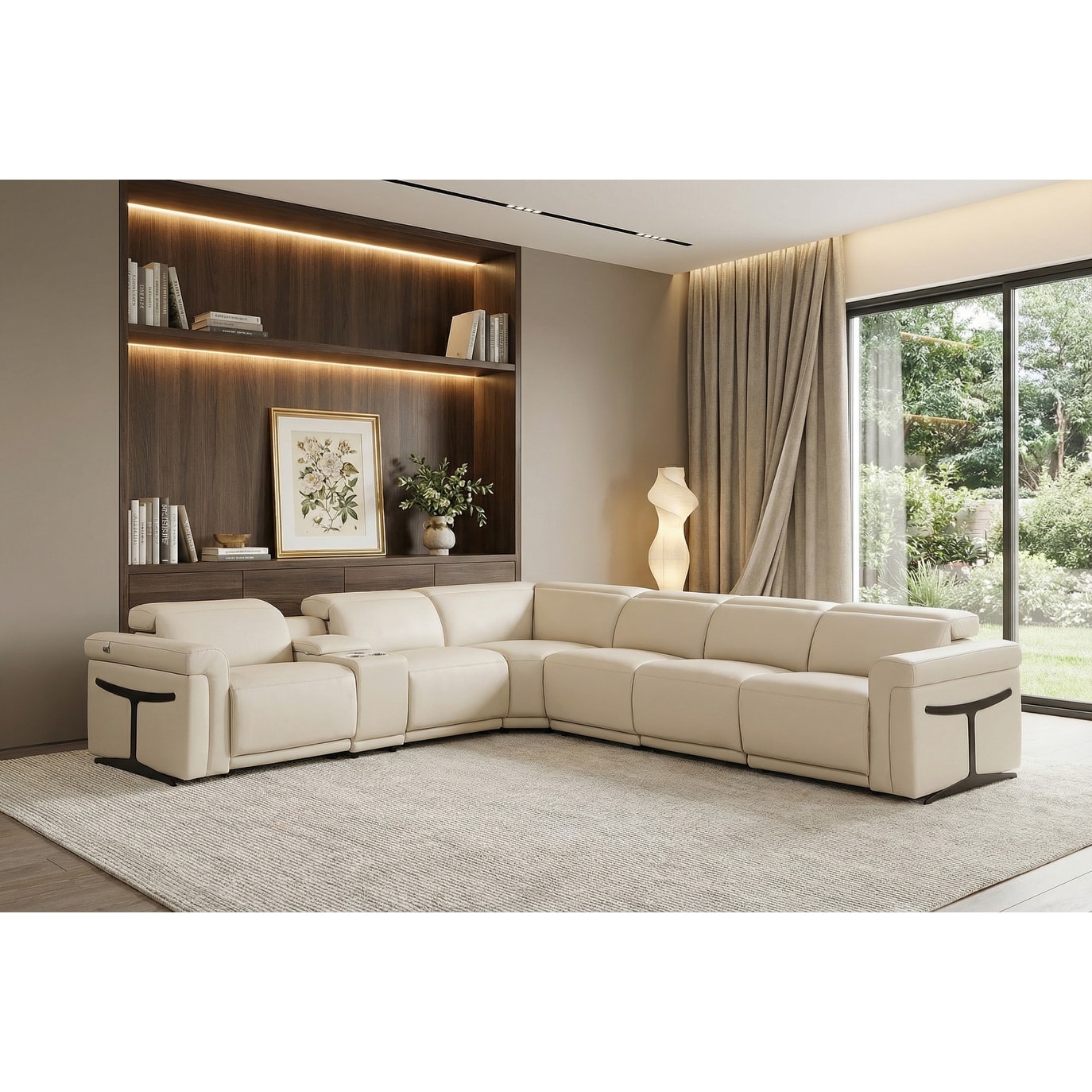 HomeRoots Beige Italian Leather Modular L Shaped Seven Piece Corner Sectional With Console